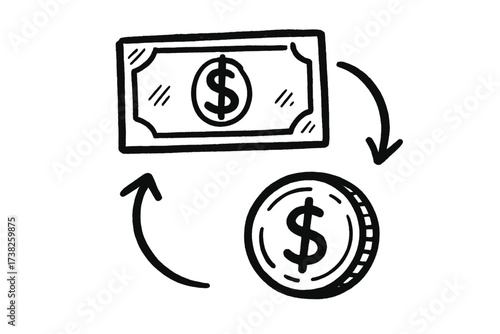 Money transfer hand drawn icon. Vector money doodle. Currency exchange concept. Cash flow illustration. Finance transaction symbol. Dollar bill and coin circulation graphic.