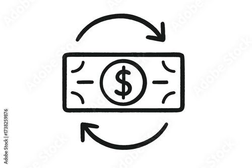 Money transfer cashback icon. Currency exchange hand drawn doodle. Financial transaction, refund vector. Cash flow, money circulation, payment concept. Bank, finance business.