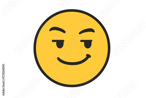 Smug emoticon vector icon. Proud emoji with a confident smile. Yellow smiley face symbol expressing self-satisfaction and slyness. Flat cartoon character illustration.