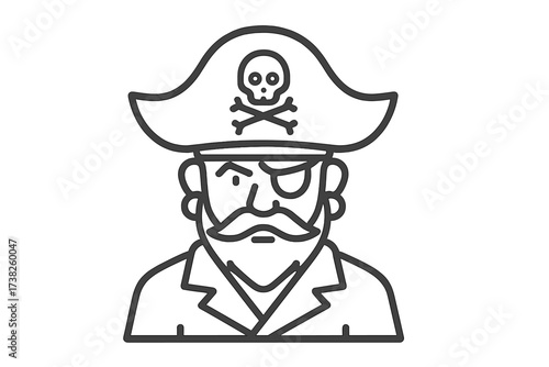 Pirate head logo, vector thin line icon of a captain. Sailor character with eyepatch and hat with skull and crossbones. Buccaneer or corsair mascot for a brand or team.