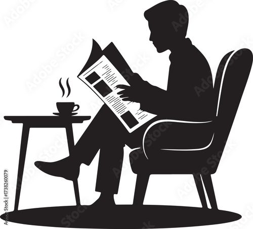 Silhouette of a man sitting in a chair reading a newspaper with a cup of coffee on a side table vector