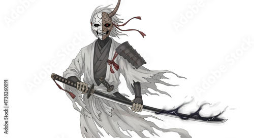 Mysterious Samurai Ghost Warrior Wearing a Traditional Oni Mask and Holding a Katana