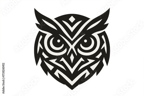 Stylized geometric owl head tribal icon, abstract vector illustration with intricate symmetrical patterns, sharp shapes, native tribal design, animal symbol, wildlife art