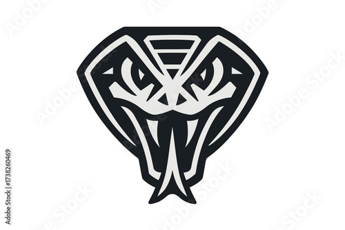 Stylized geometric tribal cobra snake head illustration, fierce serpent vector icon design with sharp eyes and forked tongue, black and white tattoo style graphic, transparent background