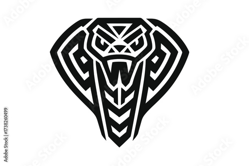Stylized geometric serpent head illustration, tribal cobra vector icon design, black and white symmetrical snake emblem, abstract venomous snake logo, fierce reptile symbol with transparent background