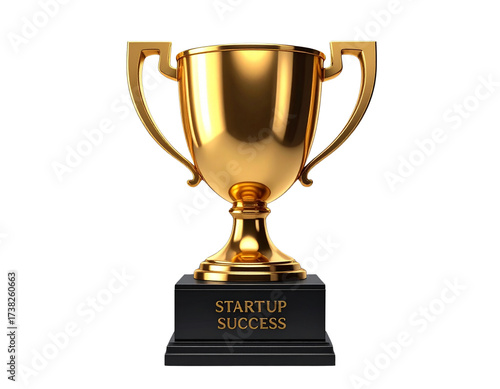 Golden Startup Success Trophy on Pedestal, Realistic 3D Render, Isolated on Transparent Background