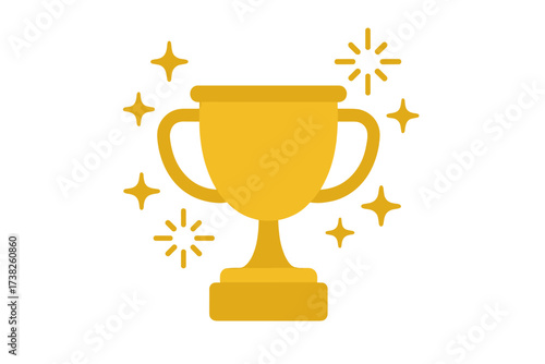 Golden trophy cup icon with sparkling stars and glitter effects, vector illustration of award and victory symbol with transparent background for celebration and achievement