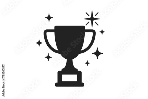 Trophy icon vector illustration with sparkling stars, award cup silhouette with shining sparks, winning achievement symbol, celebration design, transparent background