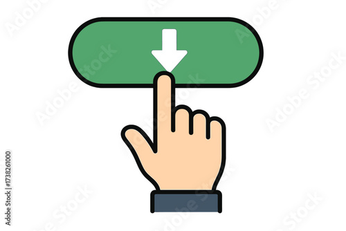 Download button press hand icon, flat vector illustration of human finger clicking green download symbol, user interface design element, digital technology concept