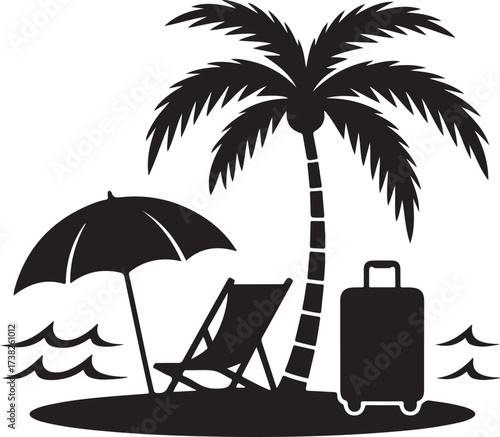Tropical Beach Vacation Scene with Palm Tree Umbrella and Suitcase Silhouette travel holiday