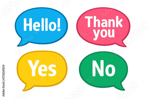 Vivid Color Speech Bubbles Set with Short Messages, Hello Thank You Yes No Communication Icons, Talking and Dialogue Vector Illustrations with Transparent Background