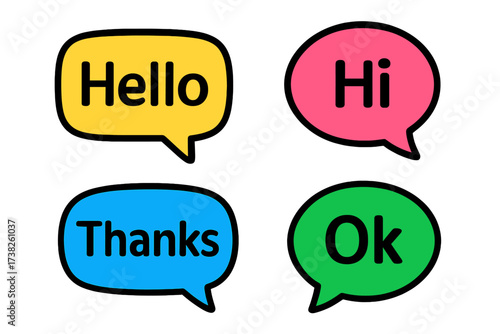 Colorful speech bubbles with common text messages like Hello, Hi, Thanks, Ok. Bright communication icons set for chatting, social media, messaging, conversation and digital talking concepts.