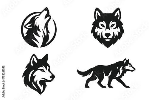 Wild wolf logotype collection, set of black and white vector wolf designs, editable illustration with howling, profile, face, and walking poses, transparent background