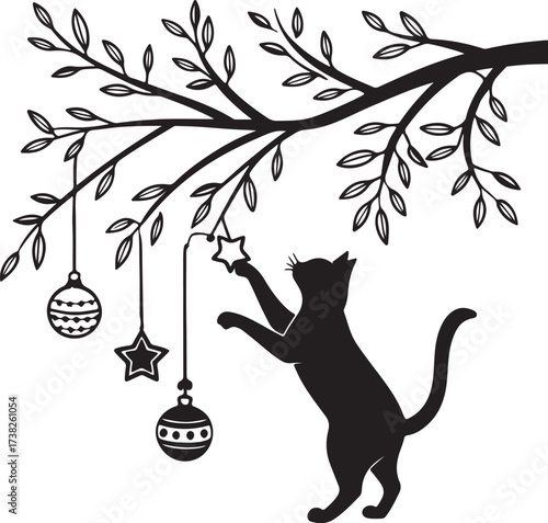 Vector silhouette of a curious cat playing with Christmas ornaments hanging from a branch