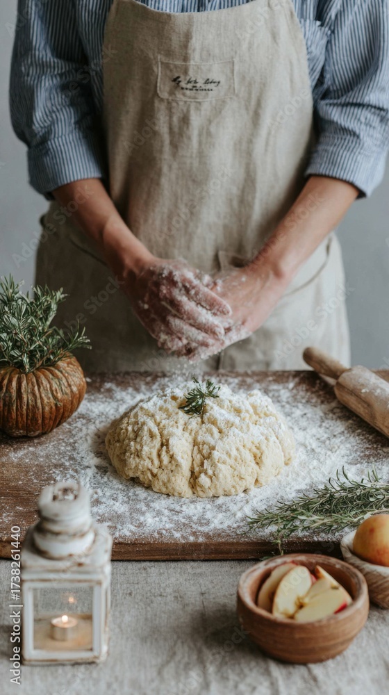 Fototapeta premium In a cozy kitchen, a person is kneading dough on a floured wooden surface, surrounded by fresh ingredients and decorative elements. The atmosphere is homey and inviting