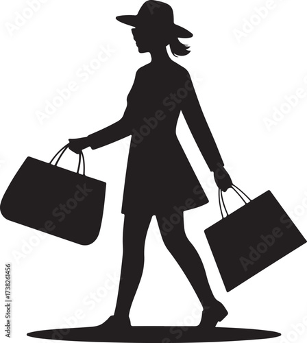 Silhouette of a woman wearing a hat walking with two shopping bags vector illustration
