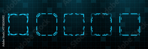 Collection of five blue hud vector graphic frames on a dark grid background. Futuristic user interface element for digital display concept.