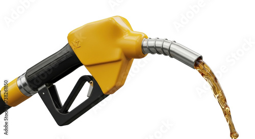Foto Isolated fuel dispenser filling with gasoline, yellow pump nozzle in service sta