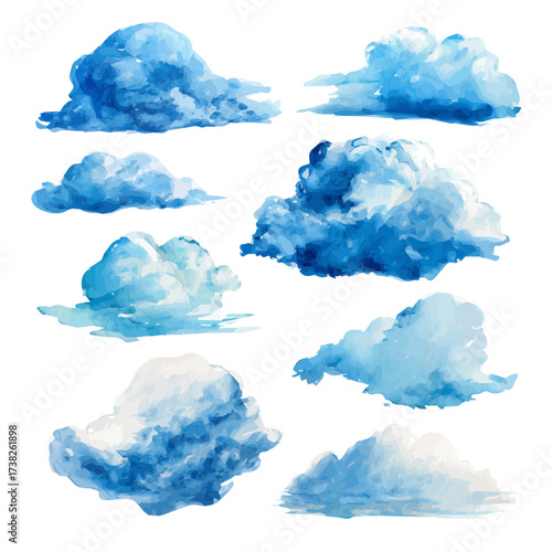An EPS painting design, Vector illustration set, My Watercolor illustration, blue clouds painting isolated on a white background