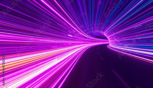 A vibrant tunnel of purple and pink neon lights streaks into the distance, creating a sense of speed and futuristic travel.