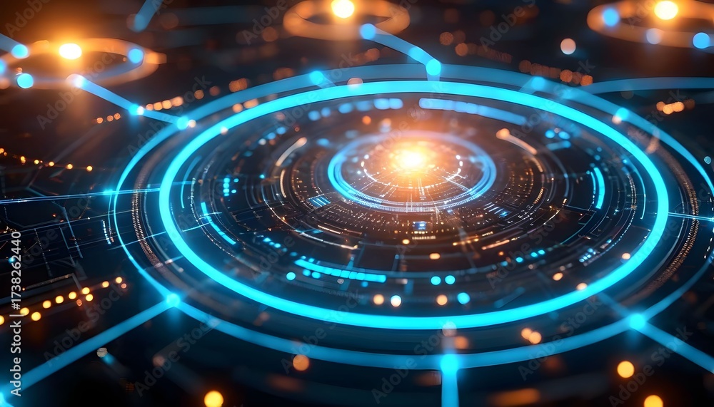 Obraz premium Abstract digital network with glowing blue and orange circuits, representing advanced technology and data flow.