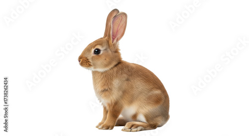 Isolated adorable tan rabbit looking left with long ears in sitting pose on seamless canvas