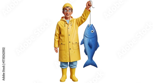 Φωτογραφία Isolated Fisherman holds big blue fish caught after fishing wearing rain gear an