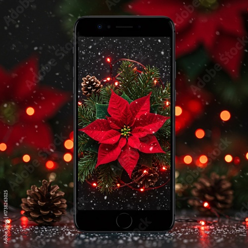 Captivating red poinsettia bloom nestled with pine cones and festive lights, perfect for holiday promotions and winter themes