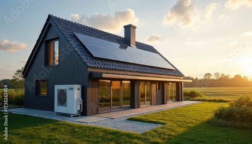 Modern house with solar panels on roof at sunset. Eco friendly home design with air source heat pump system near the building. Clean energy tech and sustainable lifestyle concept.