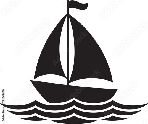 Black silhouette of a sailboat on stylized blue waves Keywords: sailboat, sailing, boat, ship, yacht, sea, ocean, water, waves, travel, vacation, holiday, summer, journey, adventure, transport