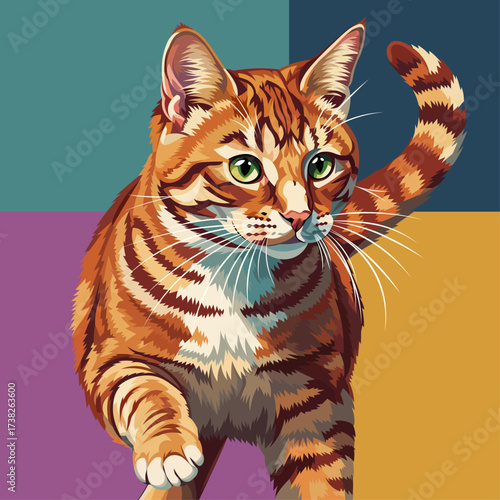 portrait of a cat with stripped fur markings in a flat color block vector illustration