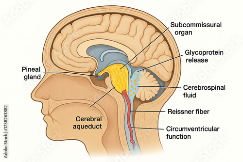 Diagram illustrating the internal structures of the human brain, including the pineal gland, cerebral aqueduct, cerebrospinal fluid, subcommissural organ, Reissner fiber, and glycoproteins.
