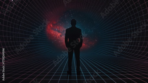 Wallpaper Mural A silhouette of a person in a suit stands against a cosmic background, surrounded by a grid, symbolizing exploration and the vastness of the universe. Torontodigital.ca