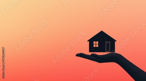 Wallpaper Mural A silhouette of a hand holds a black house against a gradient orange background, symbolizing housing, care, and ownership. Torontodigital.ca