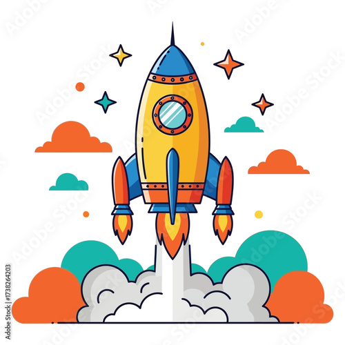 Vibrant cartoon rocket launching into starry sky with colorful clouds, symbolizing innovation and new beginnings for business growth