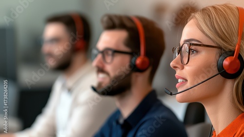 Wallpaper Mural A focused team in a customer service center, wearing headsets, engaged in communication, showcasing professionalism and collaboration in a modern workspace. Torontodigital.ca