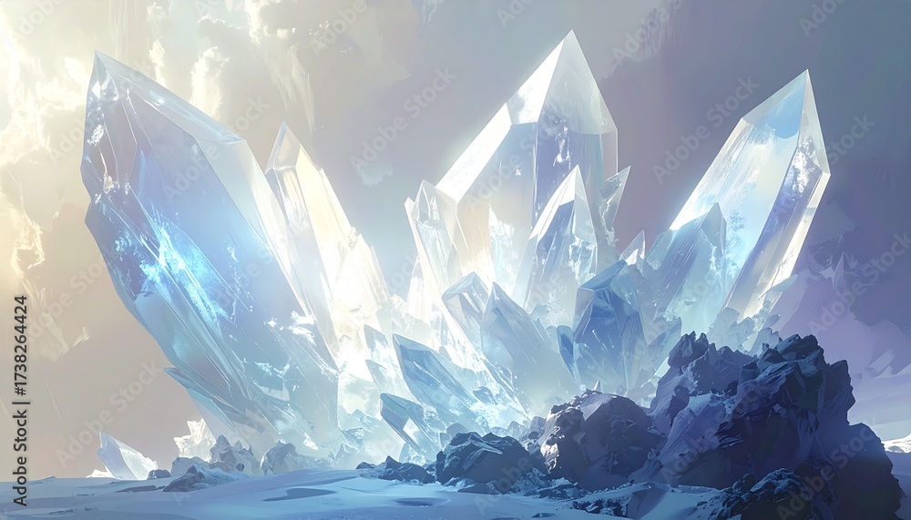 Obraz premium Majestic glowing crystal cluster in icy fantasy landscape