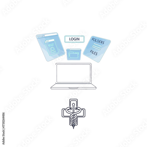 A conceptual illustration of digital healthcare, showing a laptop accessing electronic medical records and files through a secure online login, with a medical symbol below.