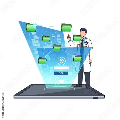 A doctor in a lab coat interacts with a futuristic holographic interface projecting from a tablet to manage digital files.