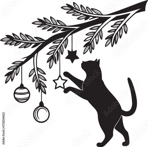 Vector silhouette of a curious cat playing with Christmas ornaments hanging from a branch