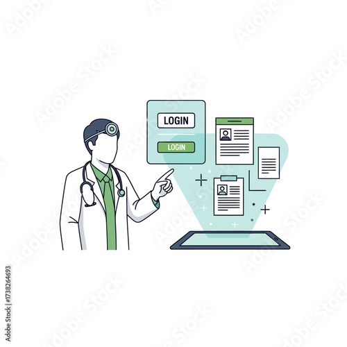 A doctor accesses secure patient medical records through a futuristic holographic display from a tablet.