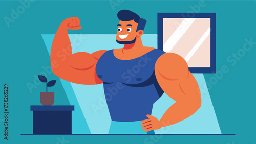 A man with a muscular physique poses in front of a mirror flexing his biceps with a proud grin on his face.. Vector illustration