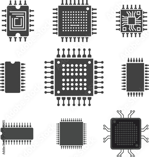 Collection of various integrated circuit chips and microprocessors on white background