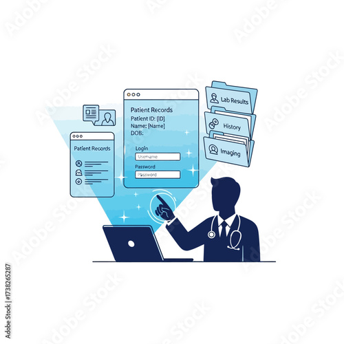 Doctor interacting with a digital interface displaying patient records, lab results, history, and imaging on a laptop screen.