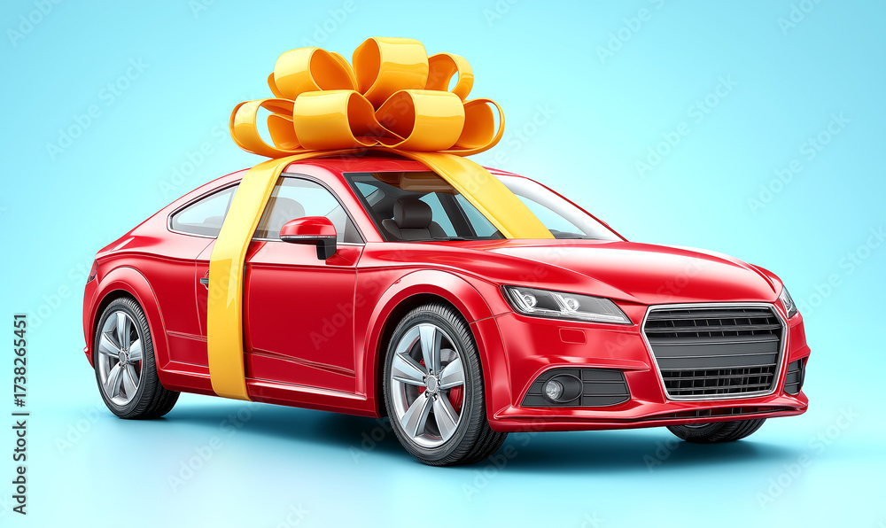 Naklejka premium Red car with yellow bow on blue background, festive gift.