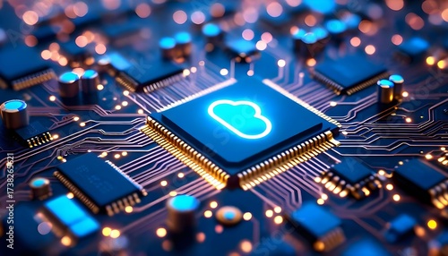 Cloud computing concept: A glowing cloud icon on a central processing unit.