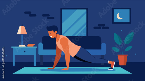 Every evening the man performs a series of bodyweight exercises at home such as pushups squats and planks to maintain his fitness.. Vector illustration