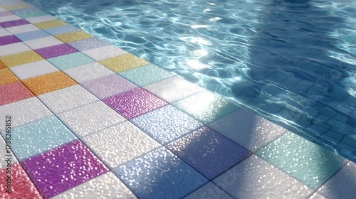 Colorful Mosaic Tiles Edge of Swimming Pool Bright Sunlight Reflecting