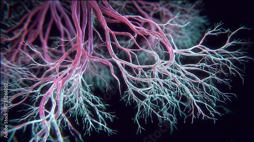 Colorful Neural Network Illustration with Pink and Blue Branches in Dark Background