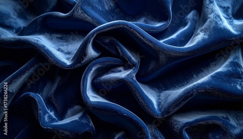 Luxury blue velvet fabric with elegant folds and smooth shiny texture